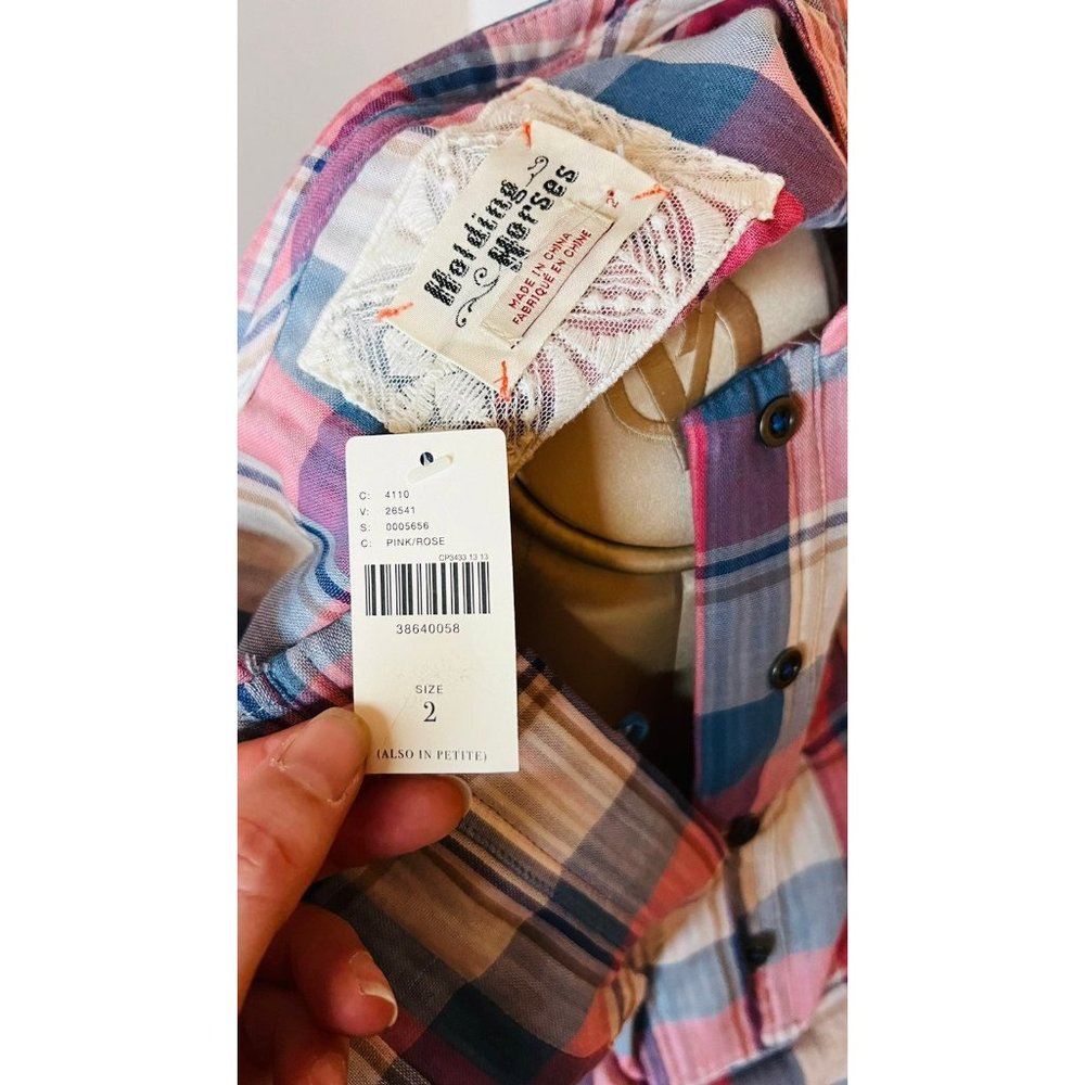 NWT Anthropologie Holding Horses Plaid Tunic Size 2 Pink Roses - Picture 7 of 7